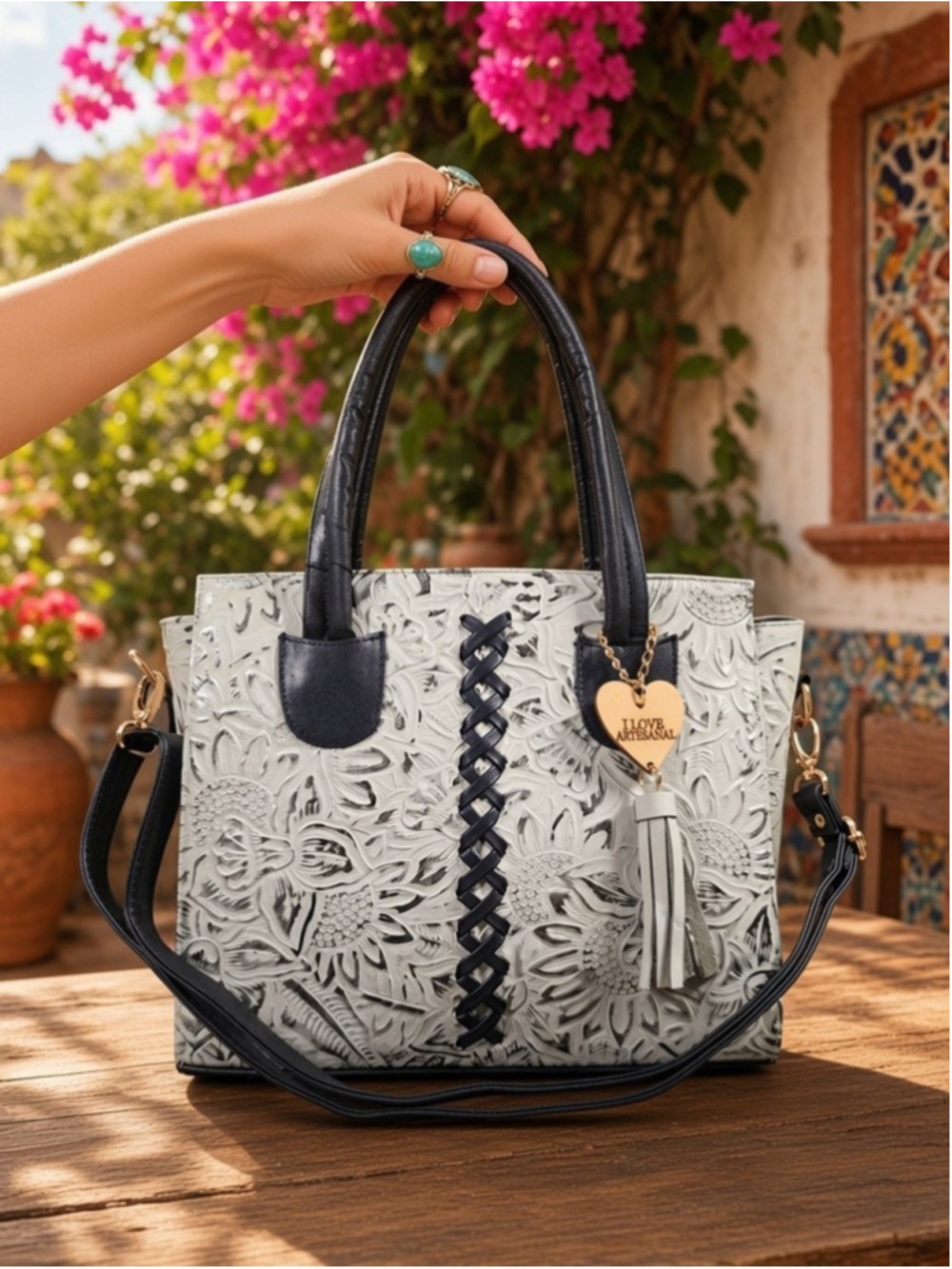 White Black & Silver Cross Stitch Embossed Artisan LEATHER Purse Handbag Bag